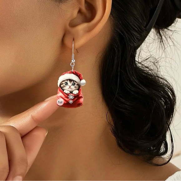 Jewelry - Cat with Santa Hat in a Bag Earrings NIP